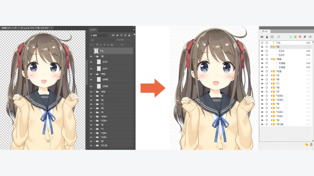 PSDのレイヤー構造をCubism Editorへ読み込む前後の画面